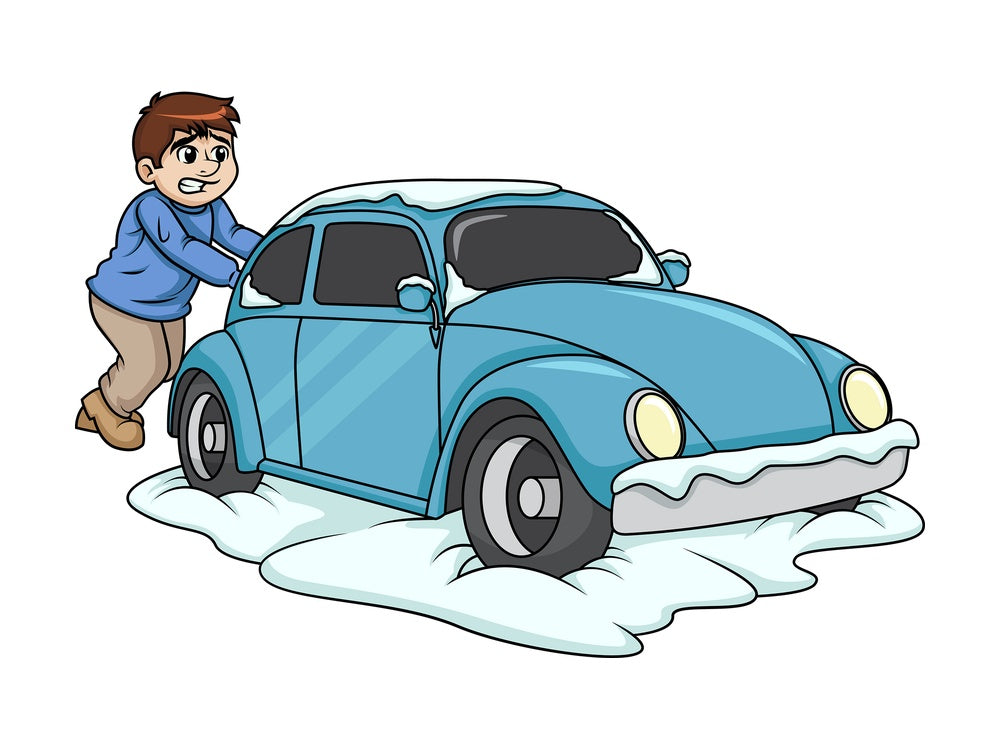 Guy pushing car stuck in snow. PNG - JPG and vector EPS (infinitely scalable).