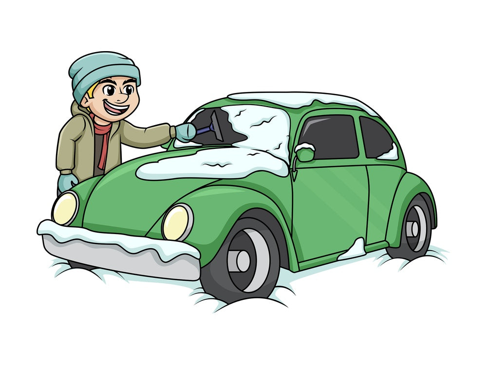 Guy cleaning snow off of his car. PNG - JPG and vector EPS (infinitely scalable).