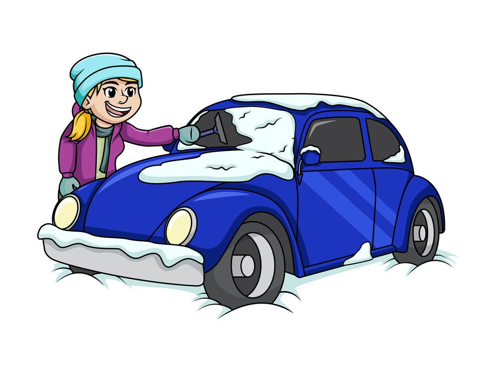 Girl cleaning snow off of car. PNG - JPG and vector EPS (infinitely scalable).