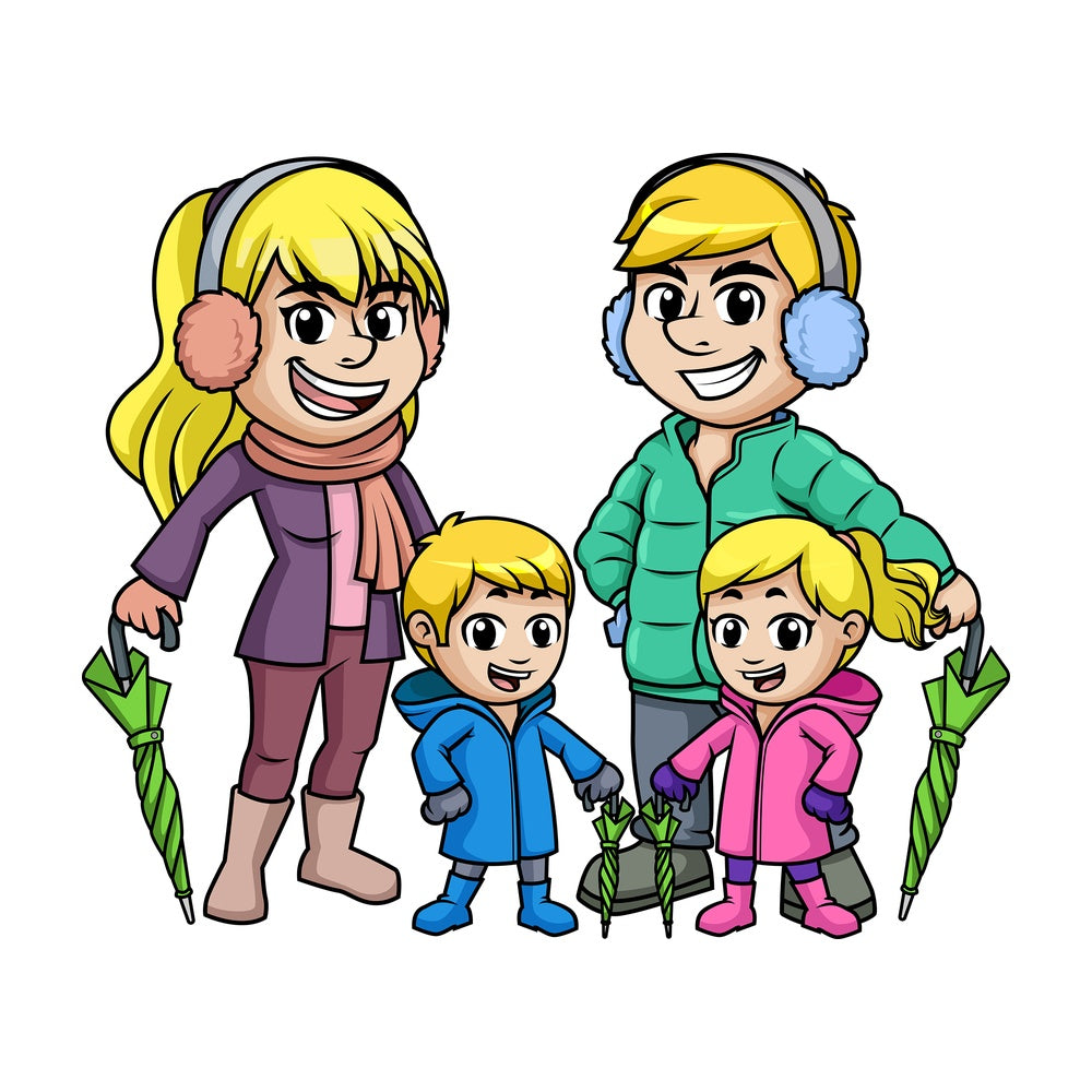 Winter family dressed for rain. PNG - JPG and vector EPS (infinitely scalable).
