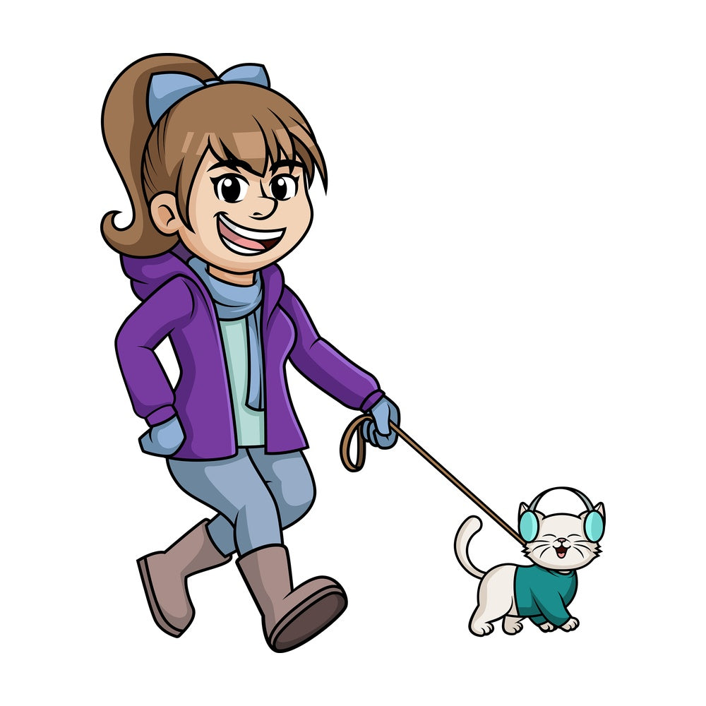 Woman walking her cat in the winter. PNG - JPG and vector EPS (infinitely scalable).