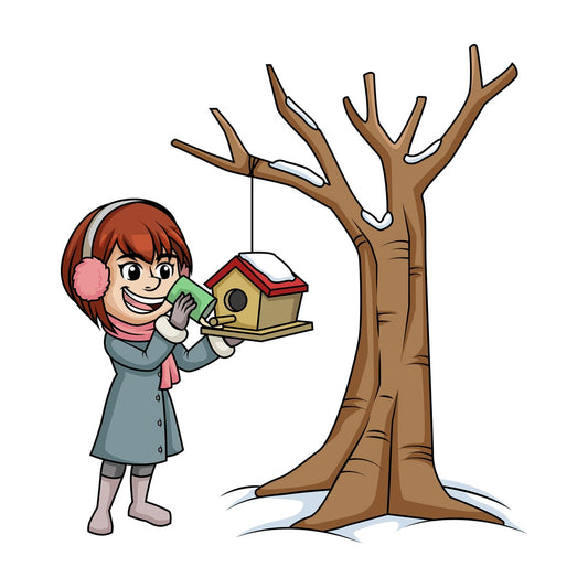 Woman putting bird food in birdhouse. PNG - JPG and vector EPS (infinitely scalable).