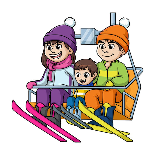 Family riding a ski lift up a hill. PNG - JPG and vector EPS file formats (infinitely scalable). Image isolated on transparent background.