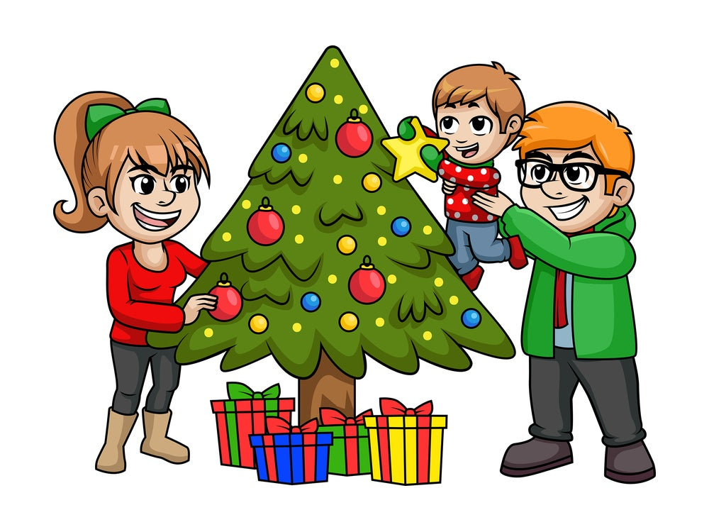 Family decorating christmas tree. PNG - JPG and vector EPS file formats (infinitely scalable). Image isolated on transparent background.