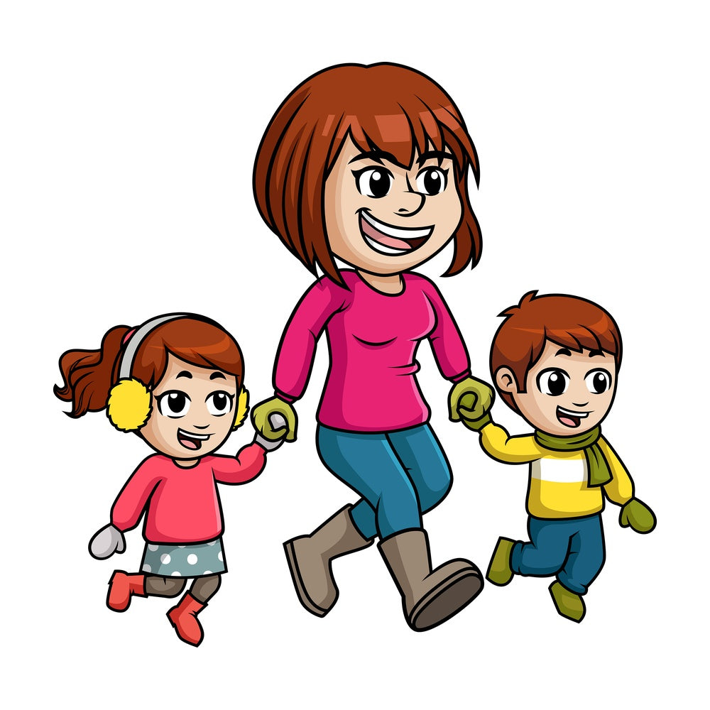 Mother walking kids in a winter day. PNG - JPG and vector EPS file formats (infinitely scalable). Image isolated on transparent background.