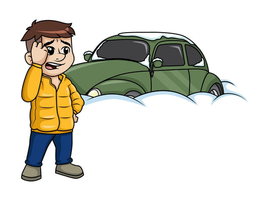 Man standing near car buried in snow. PNG - JPG and vector EPS (infinitely scalable).