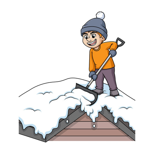 Man shoveling snow off of roof top. PNG - JPG and vector EPS (infinitely scalable).