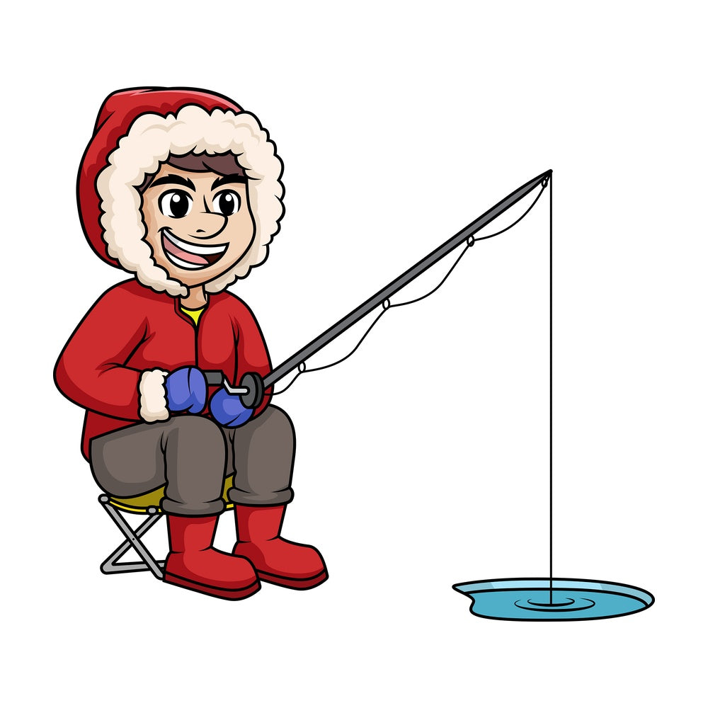 Bundled up man fishing on frozen lake. PNG - JPG and vector EPS (infinitely scalable).