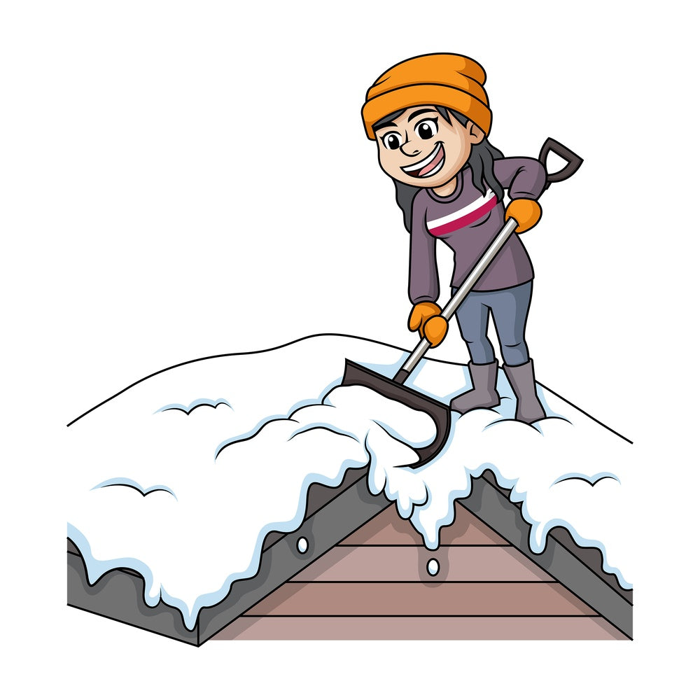 Woman shoveling snow off of rooftop. PNG - JPG and vector EPS (infinitely scalable).