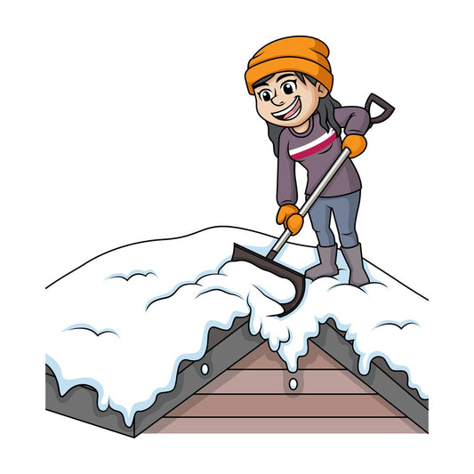 Woman shoveling snow off of rooftop. PNG - JPG and vector EPS (infinitely scalable).