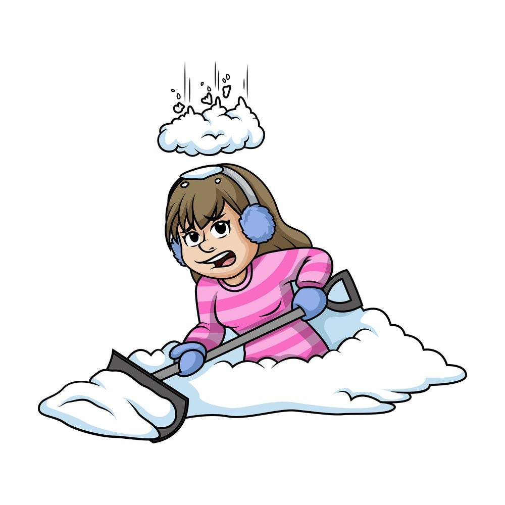 Snow falling on a woman while shoveling. PNG - JPG and vector EPS (infinitely scalable).