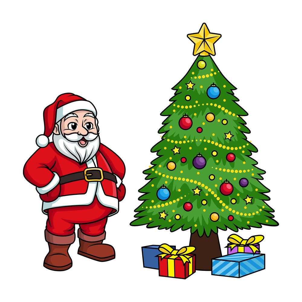Santa claus near christmas tree. PNG - JPG and vector EPS (infinitely scalable).