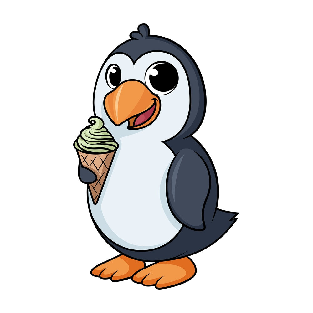Penguin eating ice cream cartoon. PNG - JPG and vector EPS (infinitely scalable).