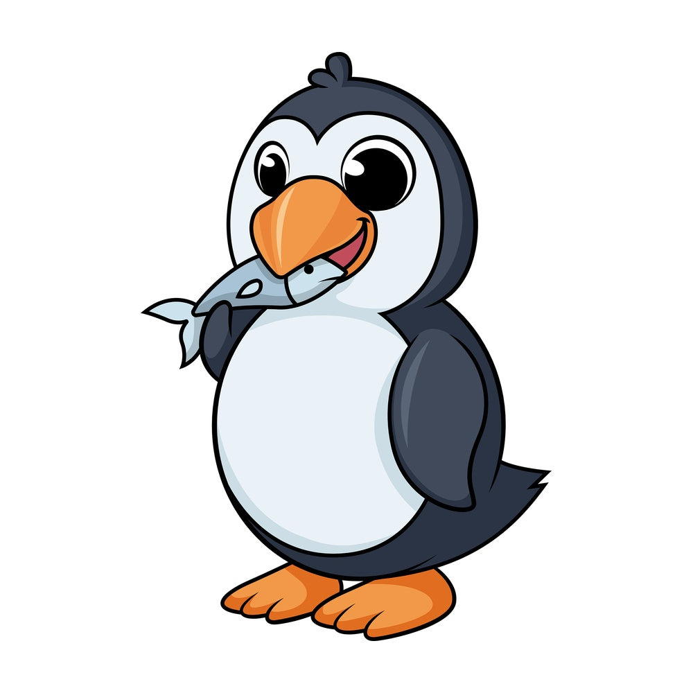 Penguin eating fish cartoon. PNG - JPG and vector EPS (infinitely scalable).