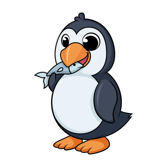 Penguin eating fish cartoon. PNG - JPG and vector EPS (infinitely scalable).