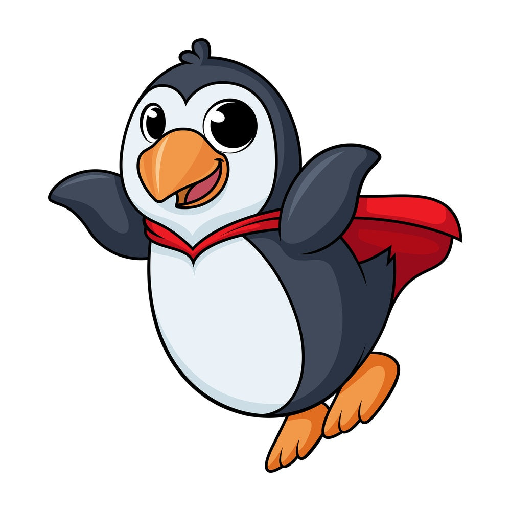 Penguin superhero flying cartoon. PNG - JPG and vector EPS (infinitely scalable).