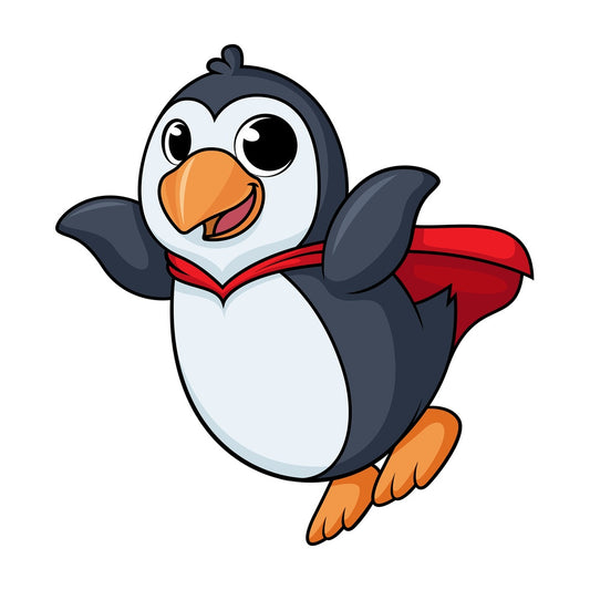 Penguin superhero flying cartoon. PNG - JPG and vector EPS (infinitely scalable).