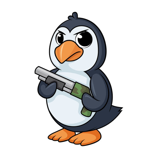 Penguin holding gun cartoon. PNG - JPG and vector EPS (infinitely scalable).