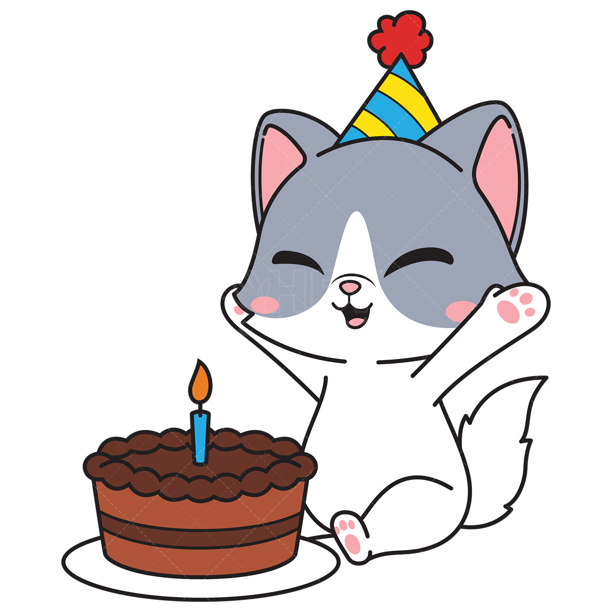 Royalty-free vector illustration of a birthday cat cheering for cake.