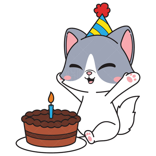 Royalty-free vector illustration of a birthday cat cheering for cake.