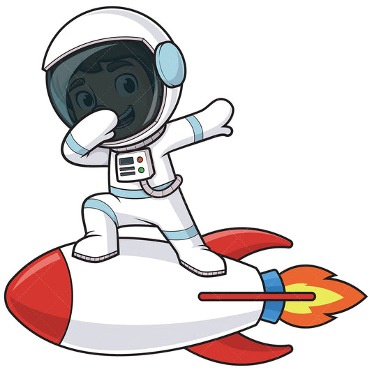 Royalty-free stock vector illustration of a cute astronaut dabbing on rocket.