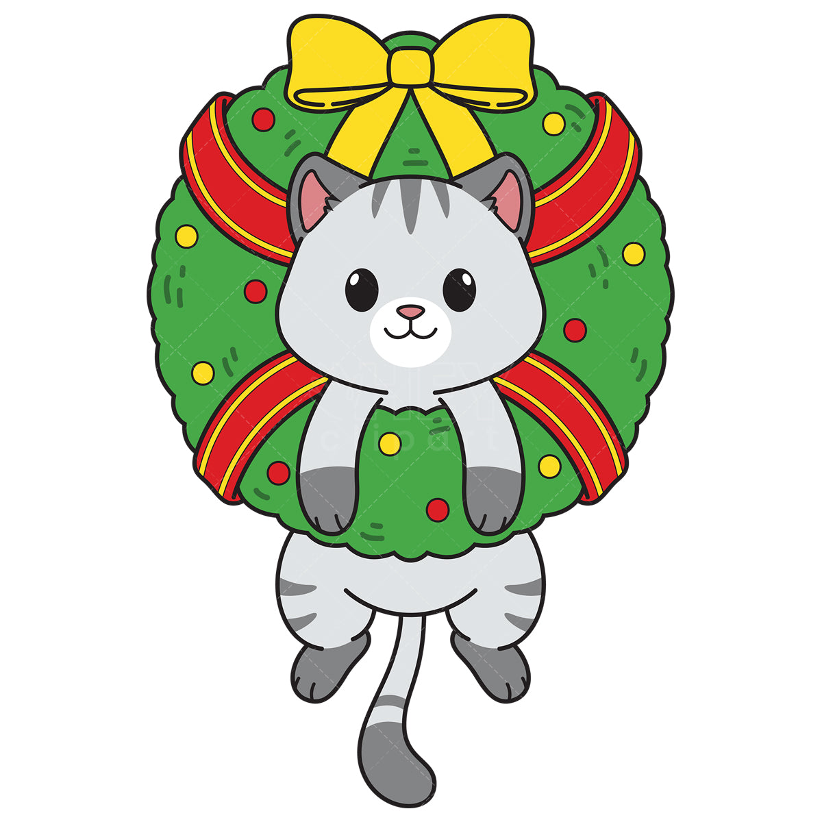 Royalty-free vector illustration of a cute cat in christmas wreath.