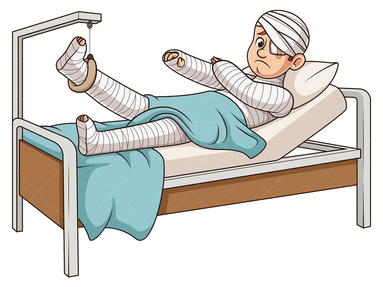 Royalty-free stock vector illustration of a heavily injured man in hospital bed.