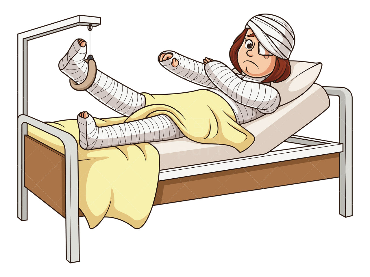 Royalty-free stock vector illustration of a heavily injured woman in hospital bed.