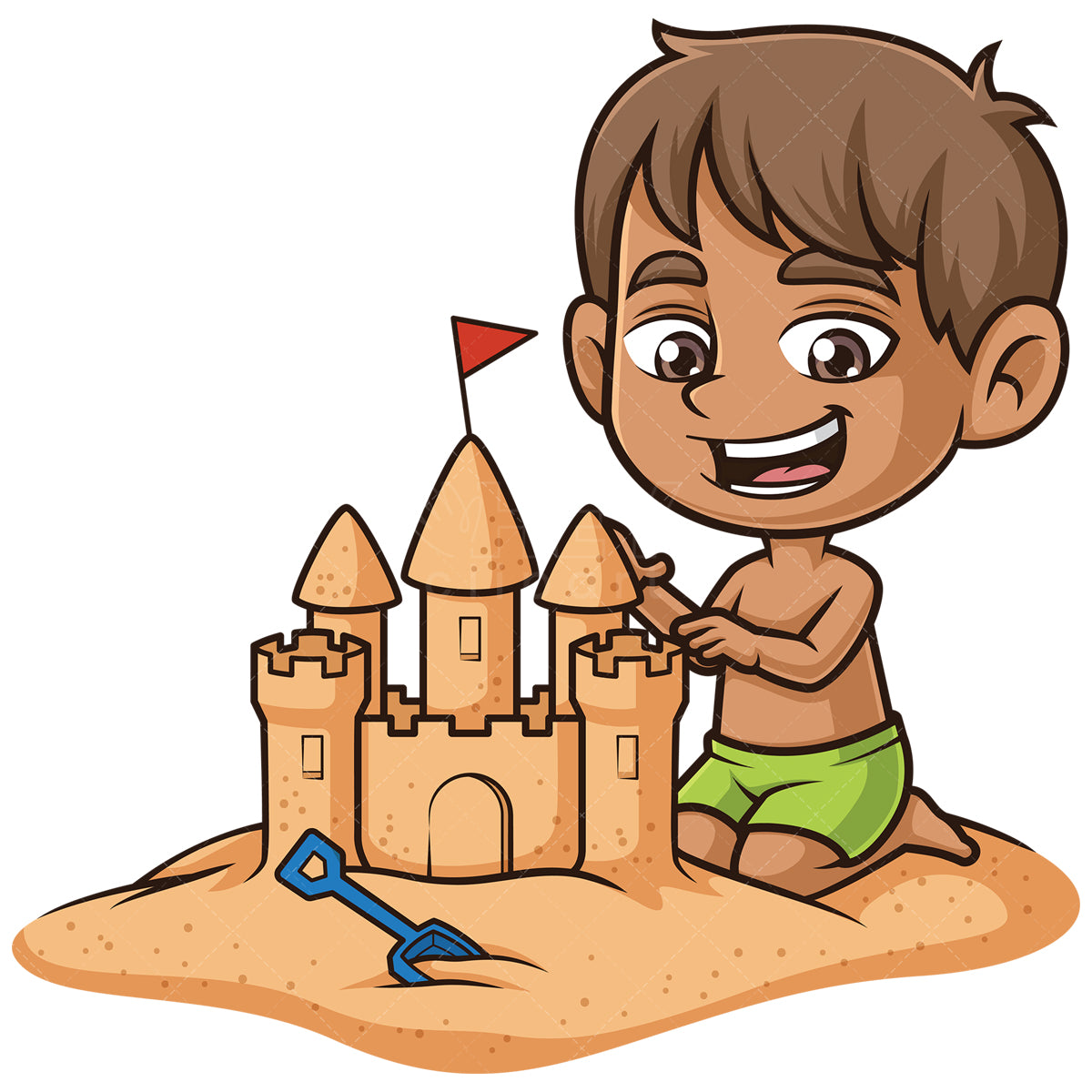 Royalty-free stock vector illustration of a hispanic boy building sandcastle.