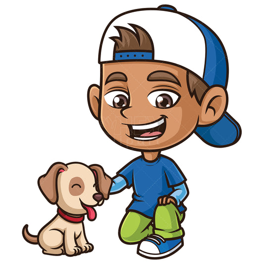 Royalty-free stock vector illustration of a hispanic boy petting dog.