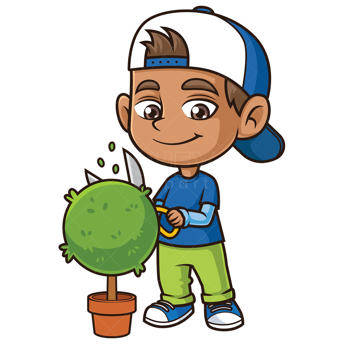 Royalty-free stock vector illustration of a hispanic boy trimming shrub.