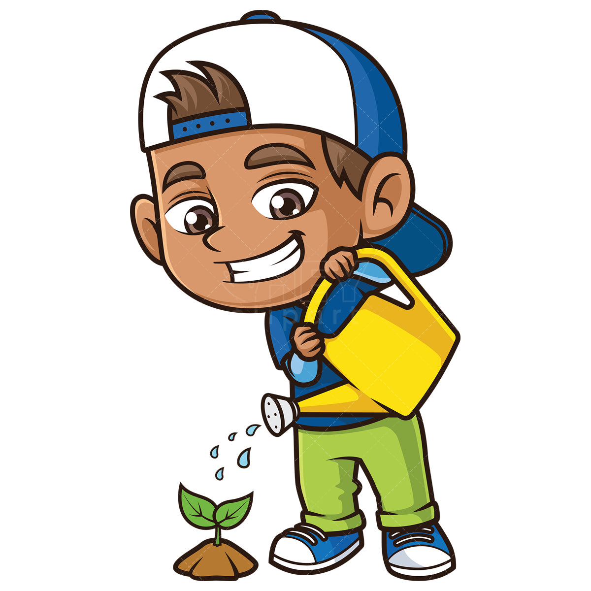 Royalty-free stock vector illustration of a hispanic boy watering plant.