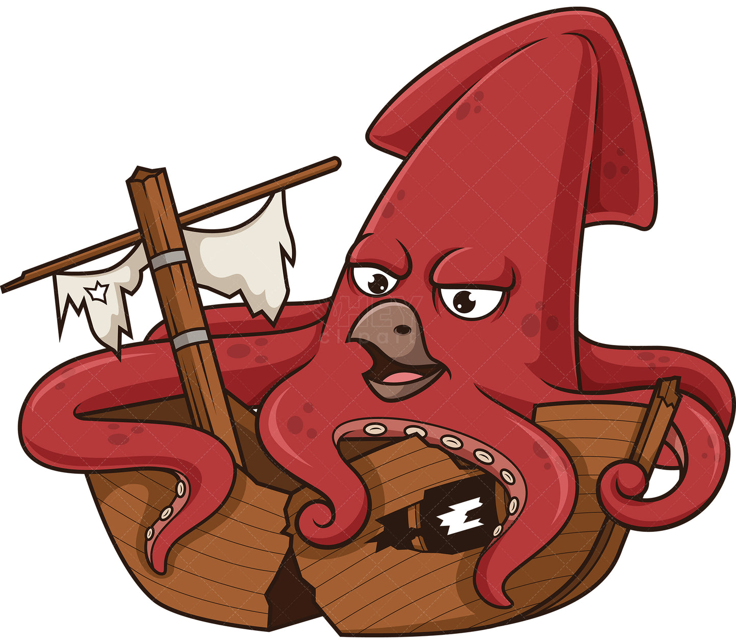 Royalty-free stock vector illustration of the kraken crashing wooden ship.