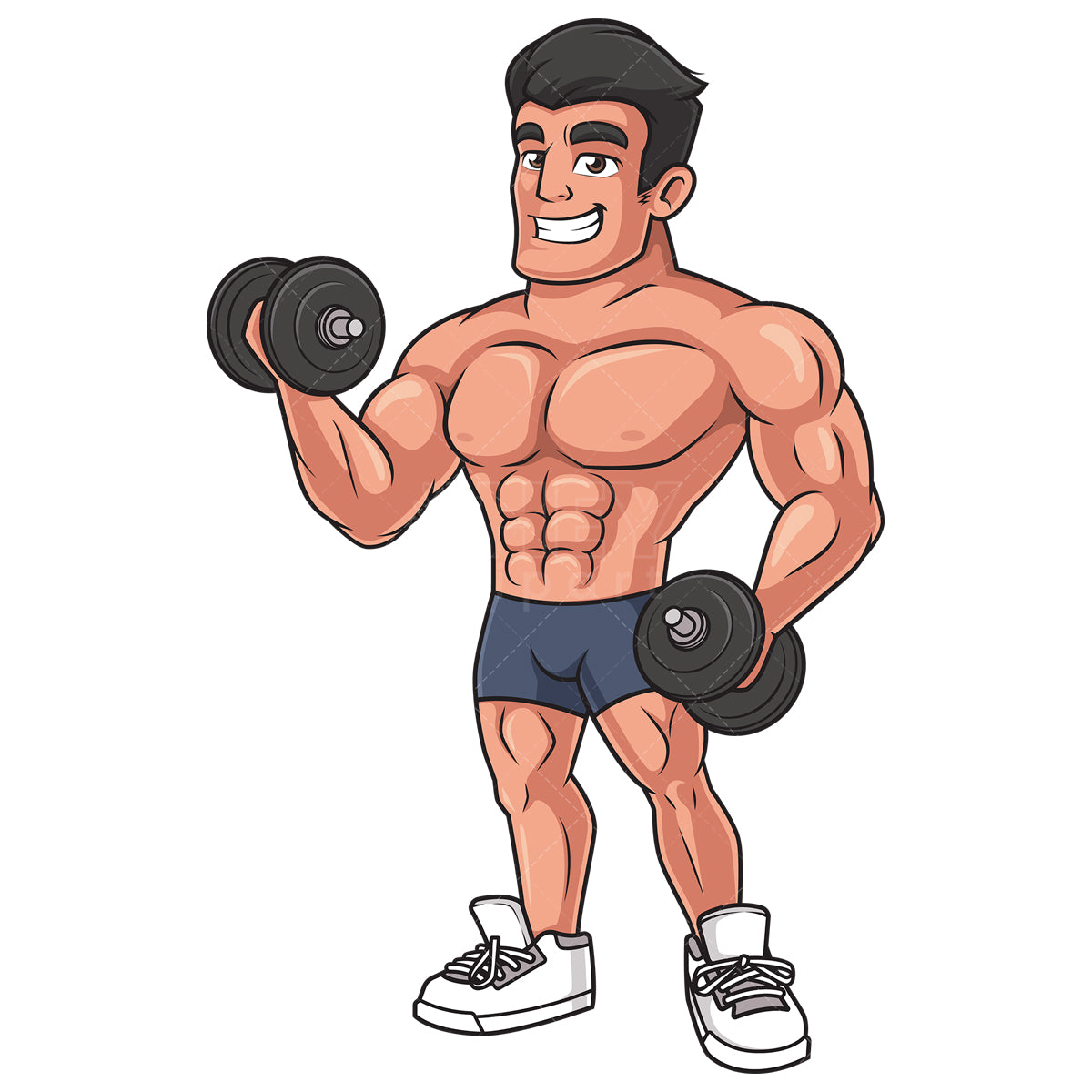 Royalty-free stock vector illustration of a muscular man lifting dumbbells.