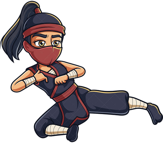 Royalty-free stock vector illustration of a ninja girl performing a flying kick.