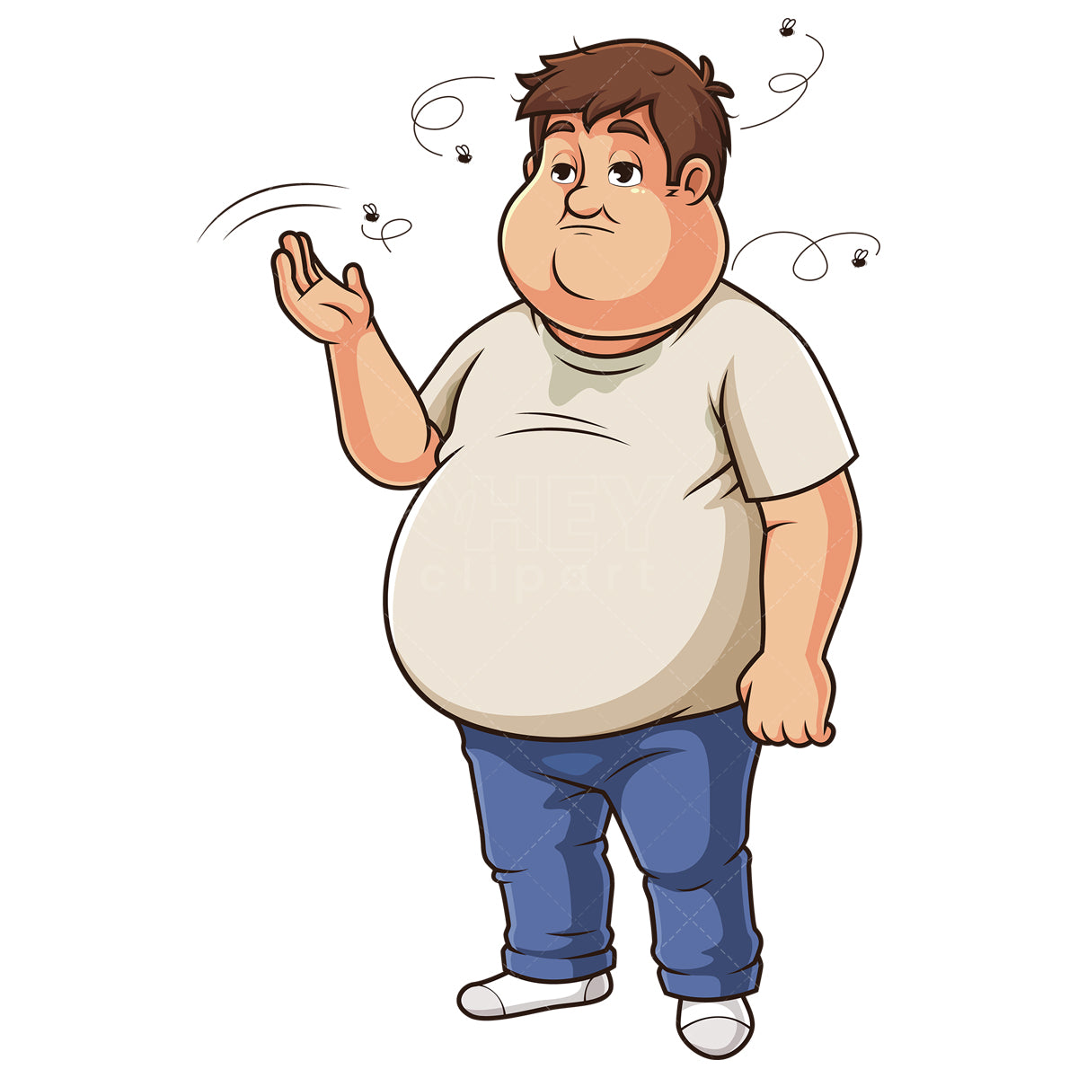 Royalty-free stock vector illustration of an overweight man trying to get rid of flies flying around his head.