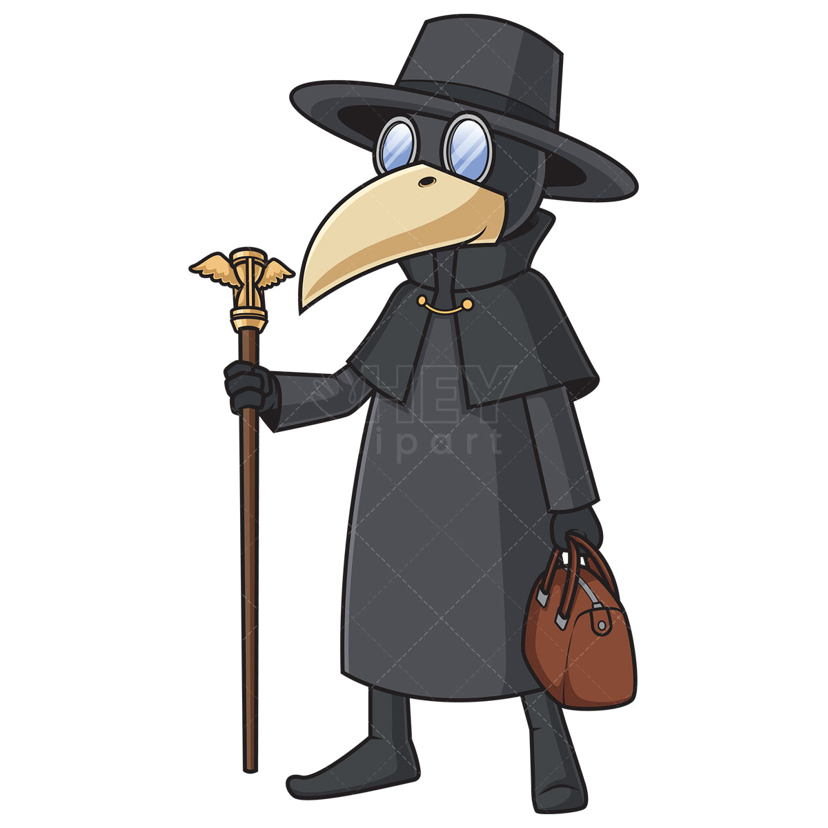 Royalty-free stock vector illustration of a plague doctor holding cane and toolbox.