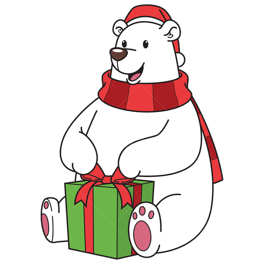 Royalty-free vector illustration of a polar bear opening christmas present.