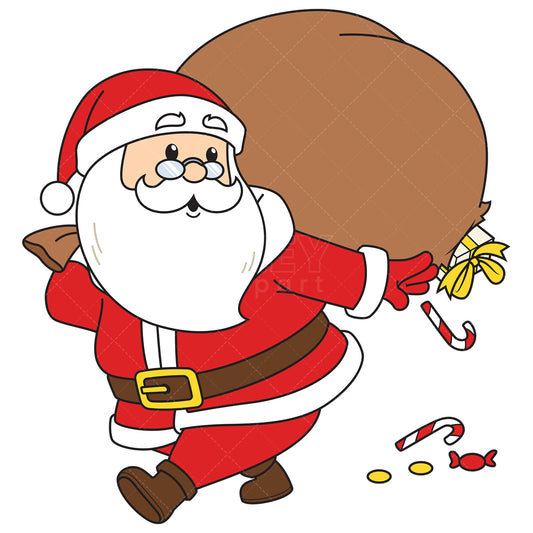 Royalty-free vector illustration of a santa claus carrying torn open sack.