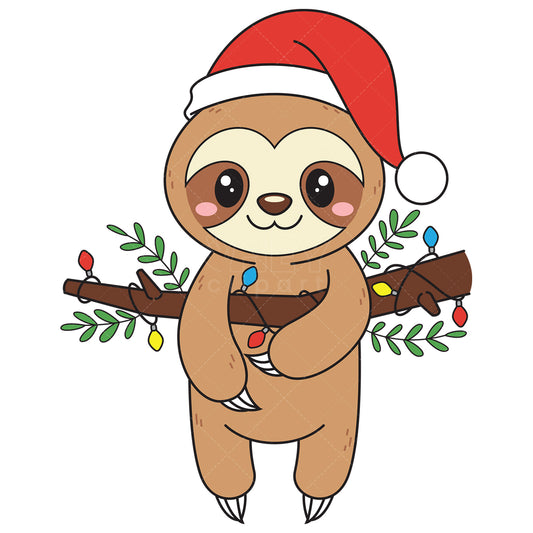 Royalty-free vector illustration of a sloth on branch with christmas lights.