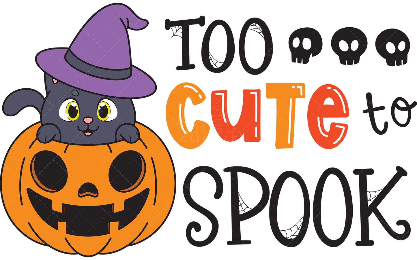 Royalty-free vector illustration of handwritten-style text art that reads "too cute to spook".