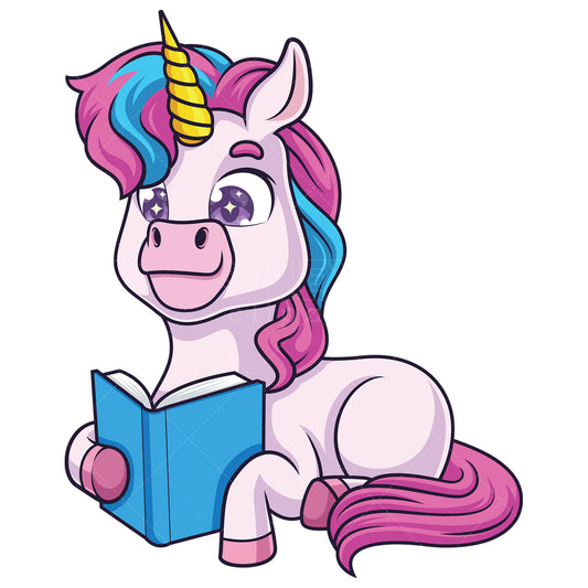 Royalty-free stock vector illustration of a unicorn reading a book.