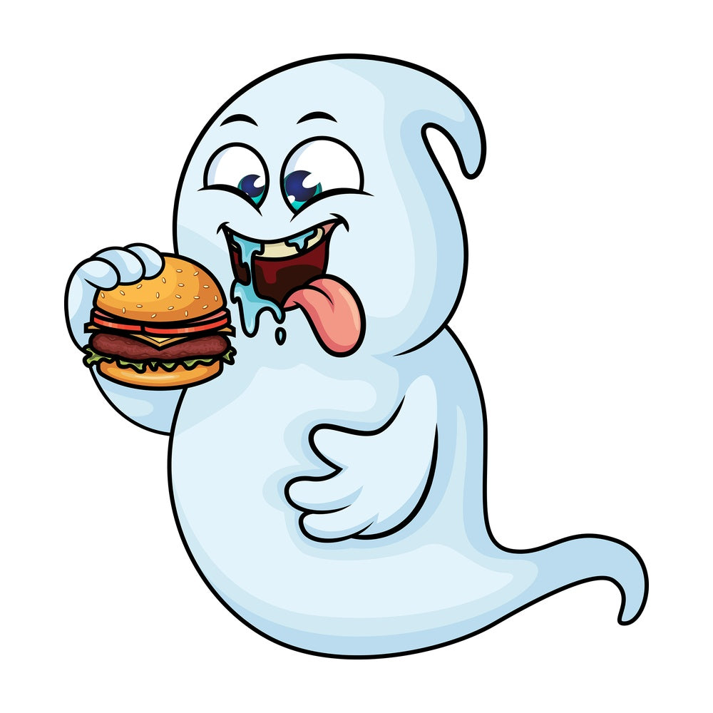 Hungry ghost eating hamburger. PNG - JPG and vector EPS (infinitely scalable).