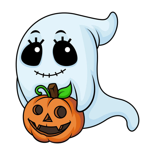 Female ghost with halloween pumpkin. PNG - JPG and vector EPS (infinitely scalable).