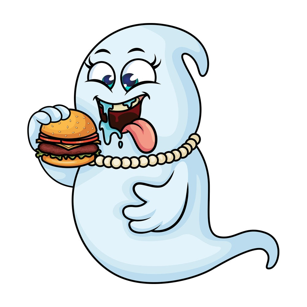 Chubby female ghost eating burger. PNG - JPG and vector EPS (infinitely scalable).
