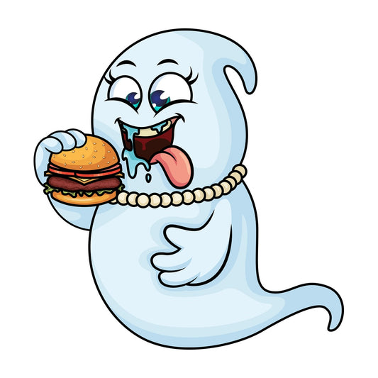 Chubby female ghost eating burger. PNG - JPG and vector EPS (infinitely scalable).