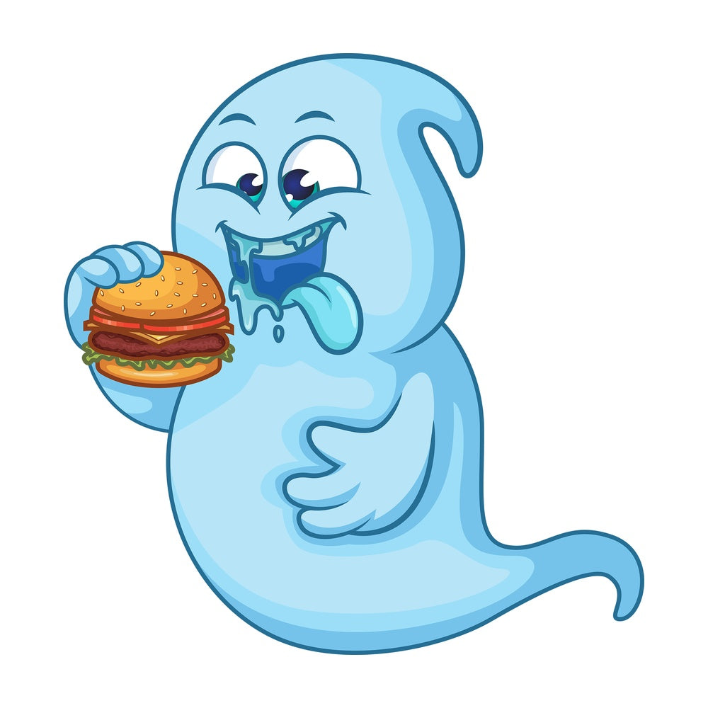 Blue ghost eating hamburger. PNG - JPG and vector EPS (infinitely scalable).