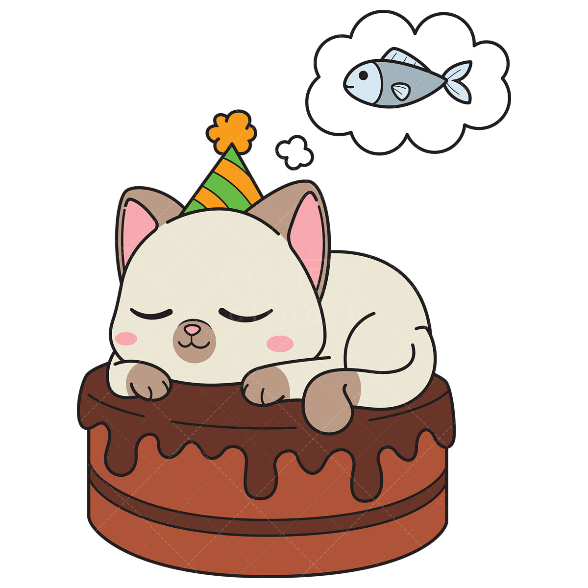 Royalty-free vector illustration of a birthday cat sleeping on a cake dreaming about fish.