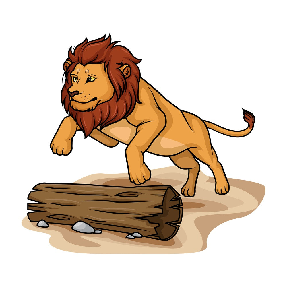 Lion jumping over tree trunk. PNG - JPG and vector EPS (infinitely scalable).