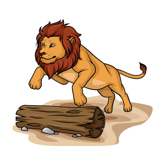 Lion jumping over tree trunk. PNG - JPG and vector EPS (infinitely scalable).